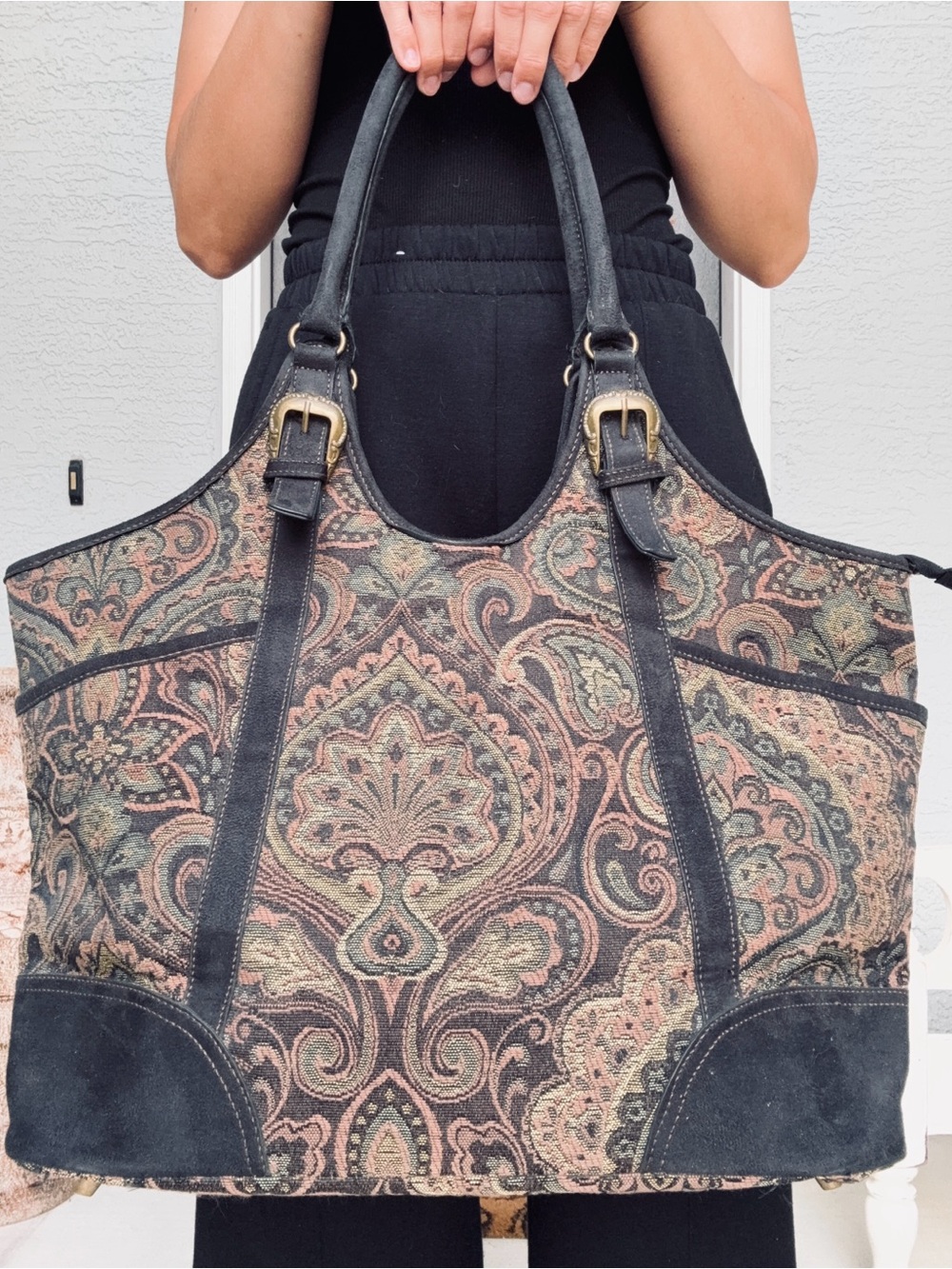 Reba XL Tapestry Paisley Black & Taupe Tote Bag VNTG